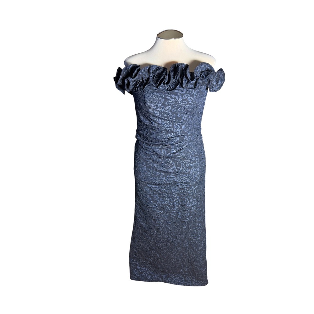 Xscape Navy Blue Floral Jacquard Off Shoulder Ruffle Formal Gown Dress 12 6204X